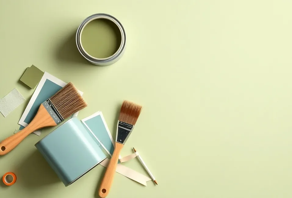 Pots de peinture, nuancier, brosses et rouleaux disposés à plat