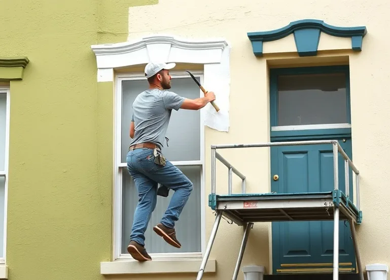 Peintre sur échafaudage traitant la façade d'une maison